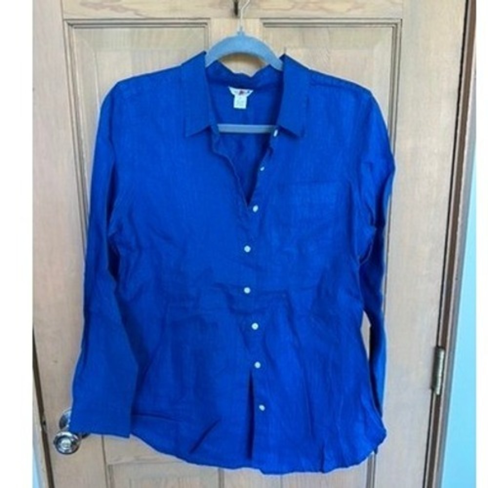 LL Bean Womens Premium Washable Linen Shirt Tunic Ocean Blue Long Sleeve S NEW